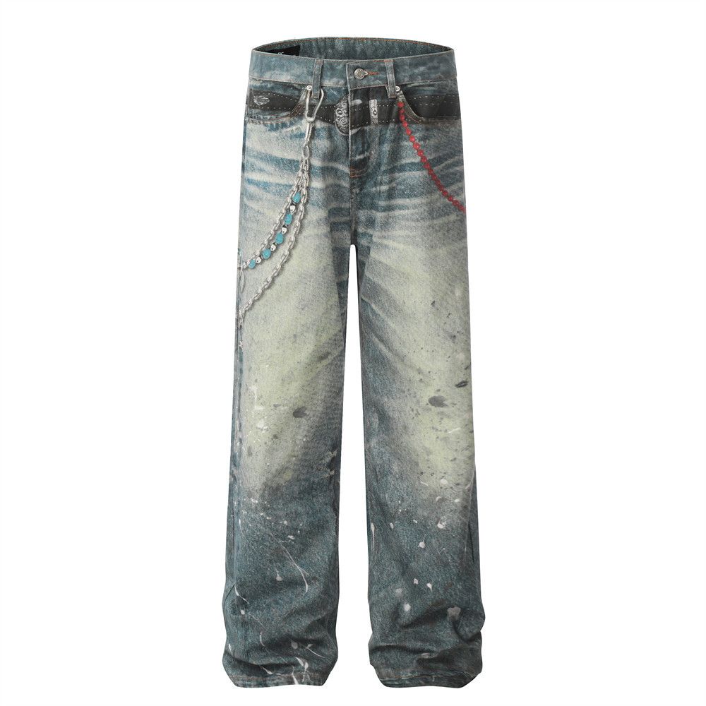 Hip Hop Punk Chain Pendant Printed Jeans Men's Trendy Distressed Washed Ink Splash Personality Straight Long Pants_mkmklike.com