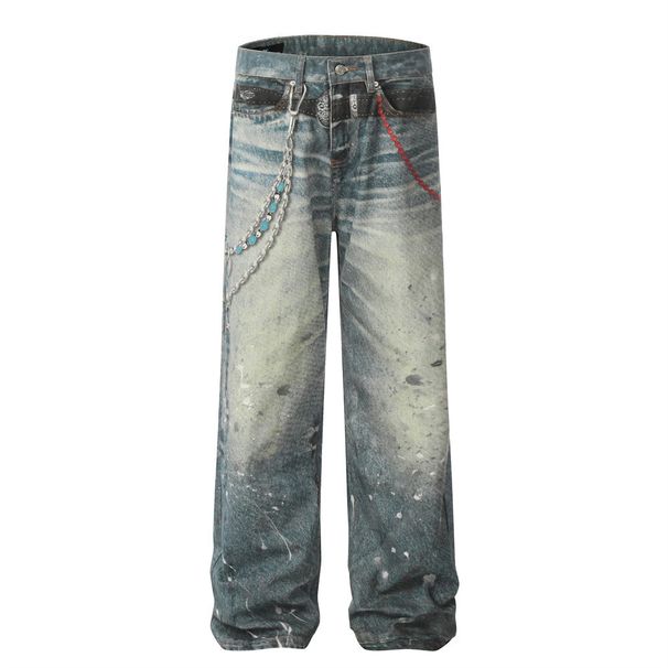 Hip Hop Punk Chain Pendant Printed Jeans Men's Trendy Distressed Washed Ink Splash Personality Straight Long Pants_mkmklike.com