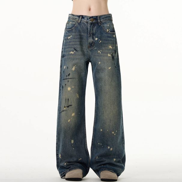 Men's Clothing American Style Dirtyfit Washed Distressed Straight Leg Jeans, New Summer Style, Retro Splatter Paint Casual Trousers For Men._mkmklike.com