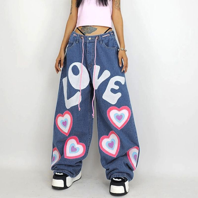 2023 European Ghost Horse Girl Contrast Color Love Graffiti Print Loose Jeans Mopping Wide Leg Pants_mkmklike.com