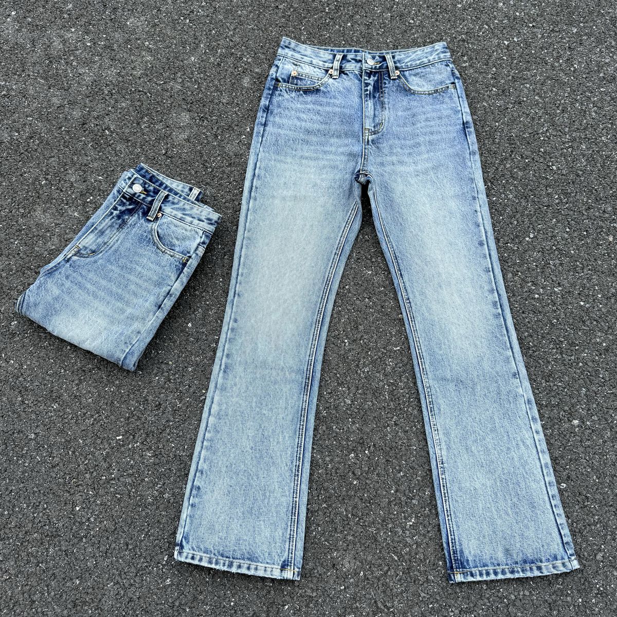 Cleanfit Marble Wash Flared Jeans For Men - Slim Fit Stretch Denim Pants With Snowflake Pattern, Straight Leg & Mid Rise For Casual & Streetwear_mkmklike.com