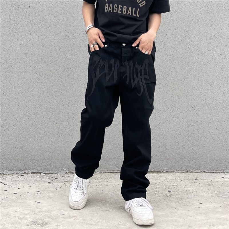 Black Jeans High Street American Vintage Embroidered Alphabet High Waist Straight Hip Hop Loose Jeans_mkmklike.com
