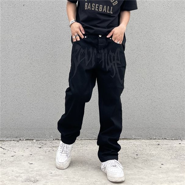 Black Jeans High Street American Vintage Embroidered Alphabet High Waist Straight Hip Hop Loose Jeans_mkmklike.com