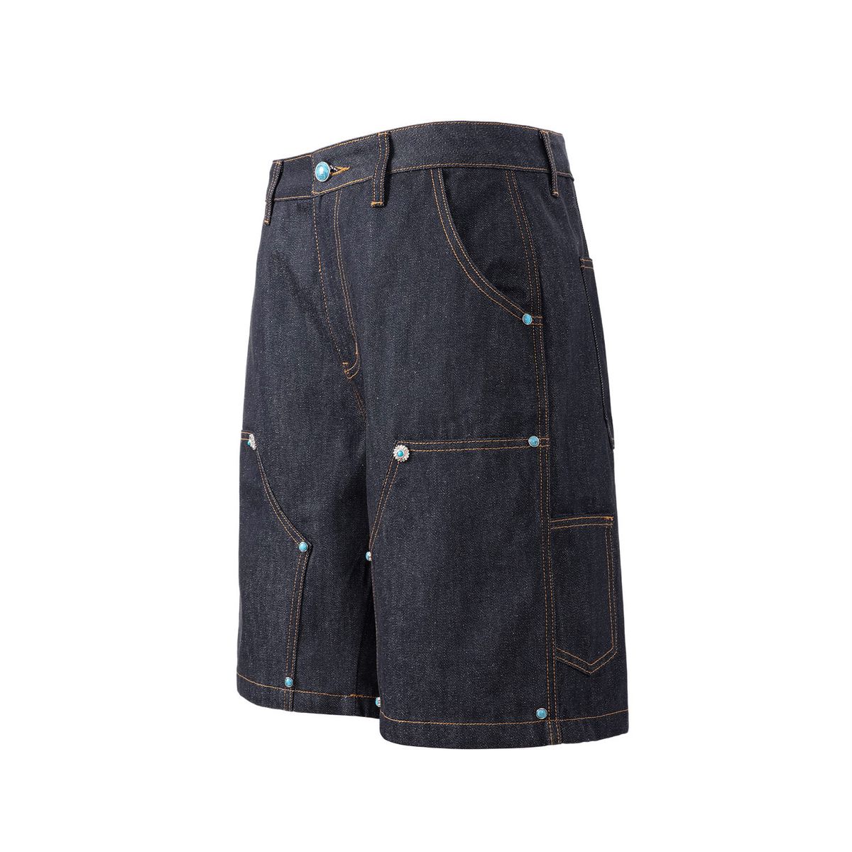 American High Street Turquoise Blue Distressed Denim Cargo Shorts For Men – Oversized Workwear Style With Patchwork Design_mkmklike.com