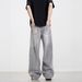 Unisex Smoky Gray Solid Color High Waist Straight Leg Jeans Loose Wide Leg Floor Length Versatile Long Pants American Retro High Street Style_mkmklike.com