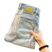 Men's Trendy Ripped Stretchy Slim Fit Jeans Mid Length Shorts Blue Korean Style Basic Straight Leg Embroidered Patches_mkmklike.com