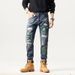 Men's Distressed Denim Jeans With Patchwork Embroidery - Straight Leg High Street Casual Pants For Urban Style_mkmklike.com