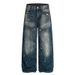Men's Vintage Washed Distressed Splatter Paint Straight Leg Jeans - Loose Fit Raw Hem Denim Pants For Casual Streetwear_mkmklike.com