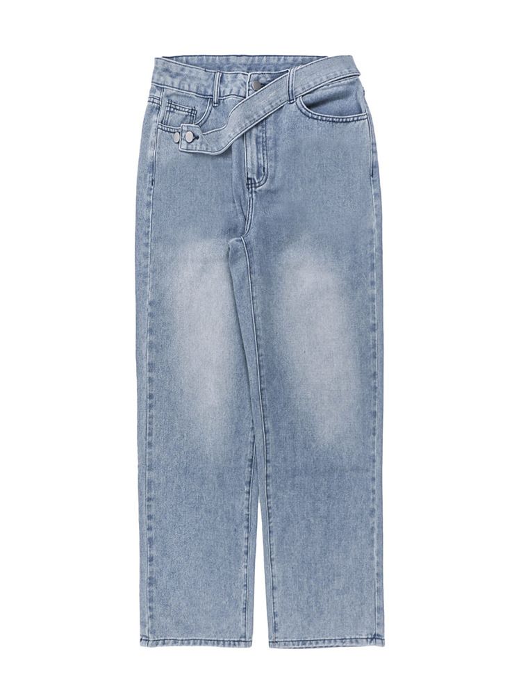 Women's High-Waisted Straight Leg Jeans – Relaxed Fit, Stretch Denim, Streetwear Essential (Midweight, 5-Pocket Design, Classic Blue & Charcoal)_mkmklike.com