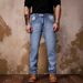 European Men's Slim Fit Jeans Stretch Sky Blue Embroidered Straight Leg Casual Trousers mid Waist Long Jeans for Men_mkmklike.com