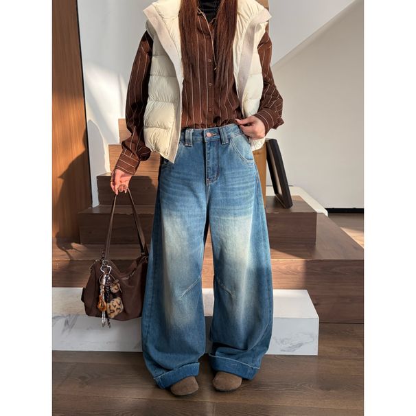 ICC Guangzhou Thirteen Lines Vintage Washed White Flocked Cuffed Wide-Leg Loose Jeans For Women 10581_mkmklike.com