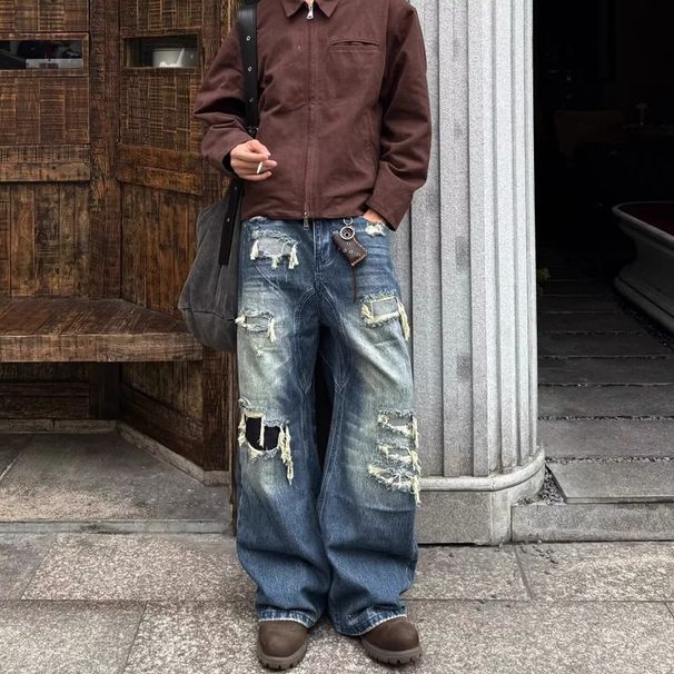 Unisex Loose Wide Leg Straight Leg Camouflage Jeans Ripped Patch American Retro Vibe Floor Length Pants_mkmklike.com