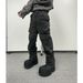 Men's Dark Wash Distressed Work Jeans High Street Style Multi Pocket Avant Garde Heavy Duty Dirty Style Artillery Shell Paratrooper_mkmklike.com