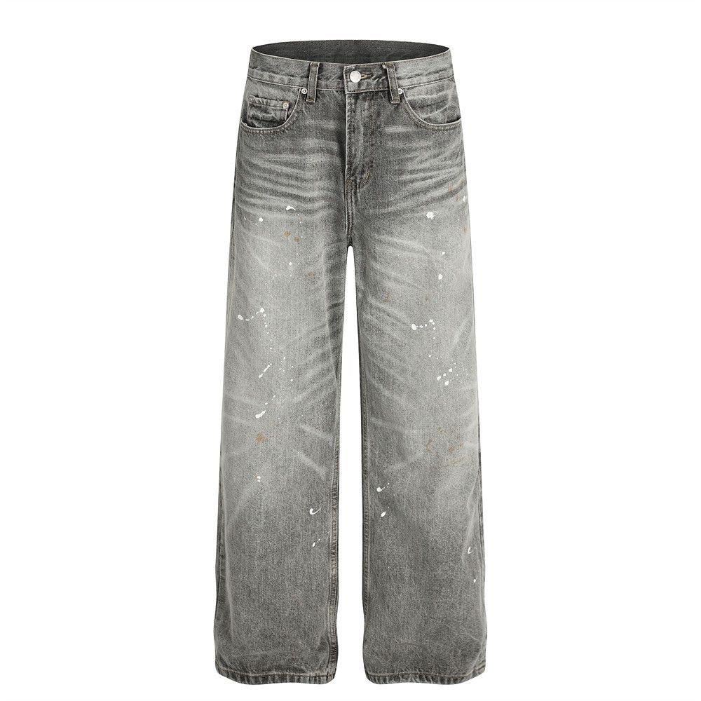 Paint Splatter Vintage Denim Straight Long Punk Ink Splash Crease Washe Graient Street Style Wie Leg Pants Men's_mkmklike.com