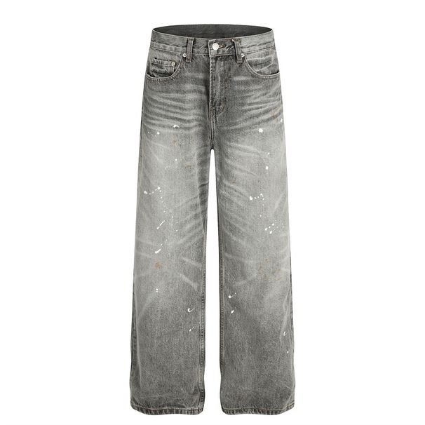 Paint Splatter Vintage Denim Straight Long Punk Ink Splash Crease Washe Graient Street Style Wie Leg Pants Men's_mkmklike.com