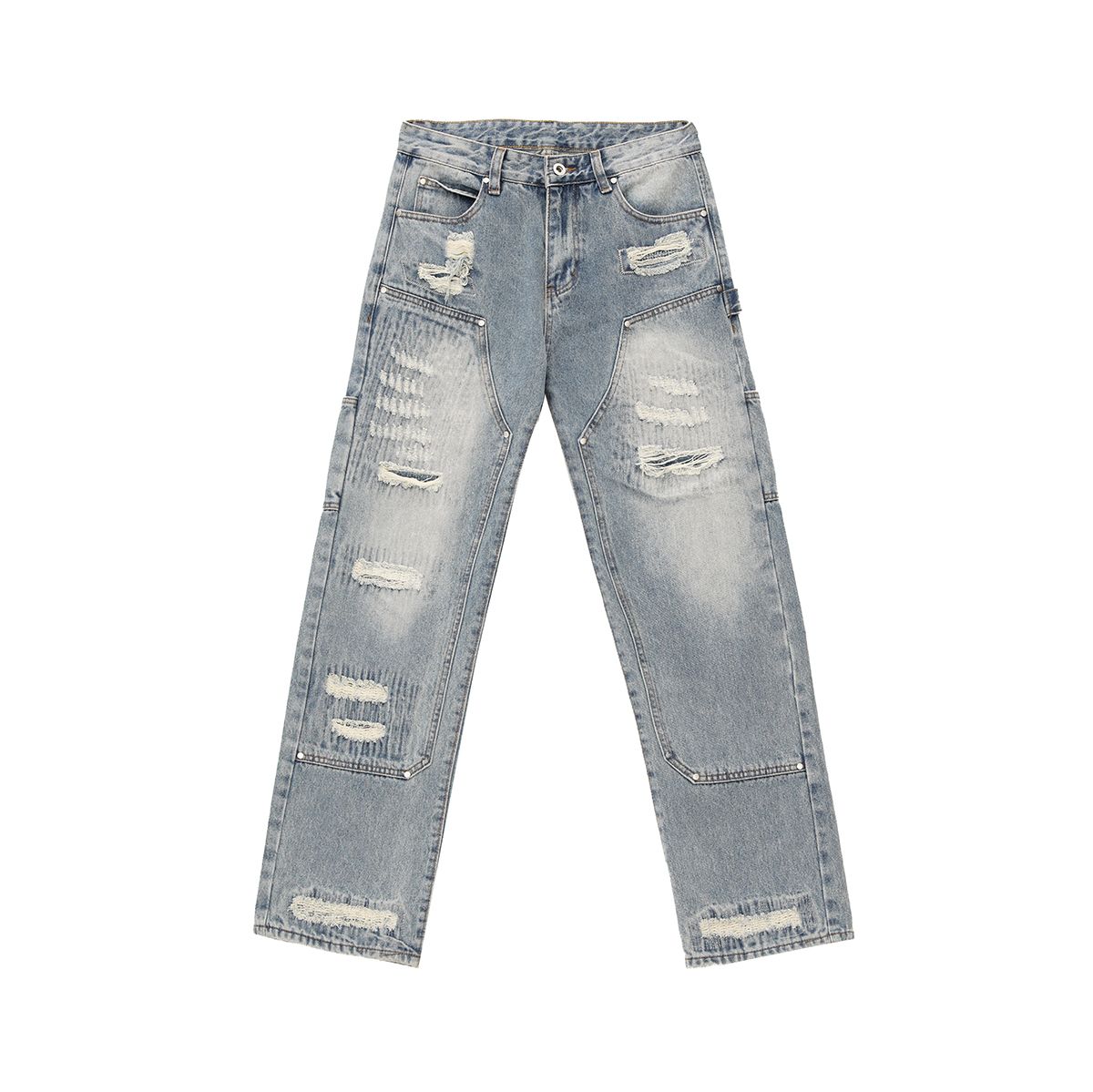 Men's Relaxed Fit Straight Leg Ripped Jeans - Washed Denim Pants For Casual Streetwear (S-XXXL)_mkmklike.com