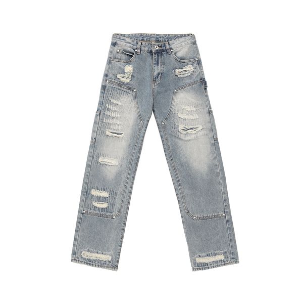 Men's Relaxed Fit Straight Leg Ripped Jeans - Washed Denim Pants For Casual Streetwear (S-XXXL)_mkmklike.com