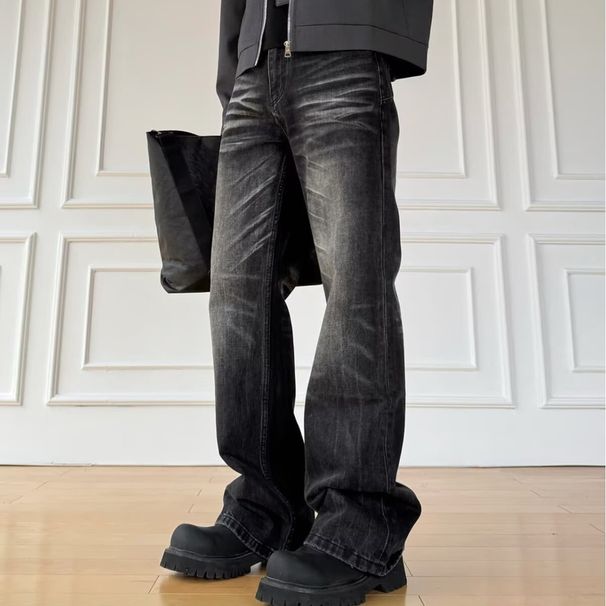Men's Retro Distressed Black Straight Leg Jeans Spring Autumn 2026 Trendy Loose Casual Long Pants Mid Waist Cotton Trousers_mkmklike.com