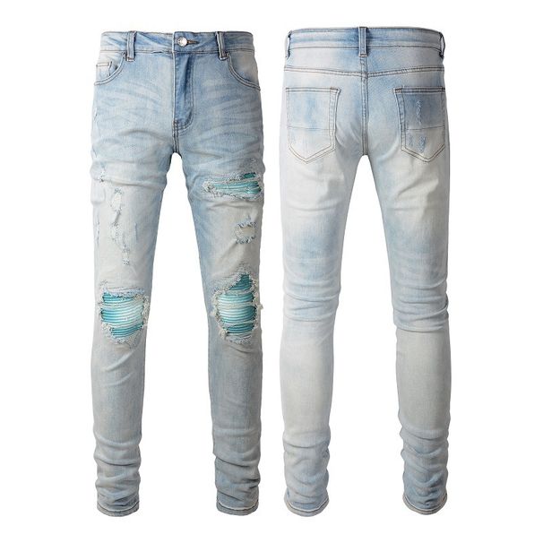 Men's Clothing Fashion Brand American Style Ripped Retro Jeans Patch Elastic Slim Fit Casual Men's High Street Men's Pants 645_mkmklike.com