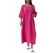Women's New Cotton and Linen Pure Color Casual Round Neck Button Long Dress _mkmklike.com