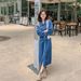 ELLE New Autumn Sleeve Denim For Women, French Style, Waist-Cinching, Slimming, Over-the-Knee Long Shirt Dress_mkmklike.com
