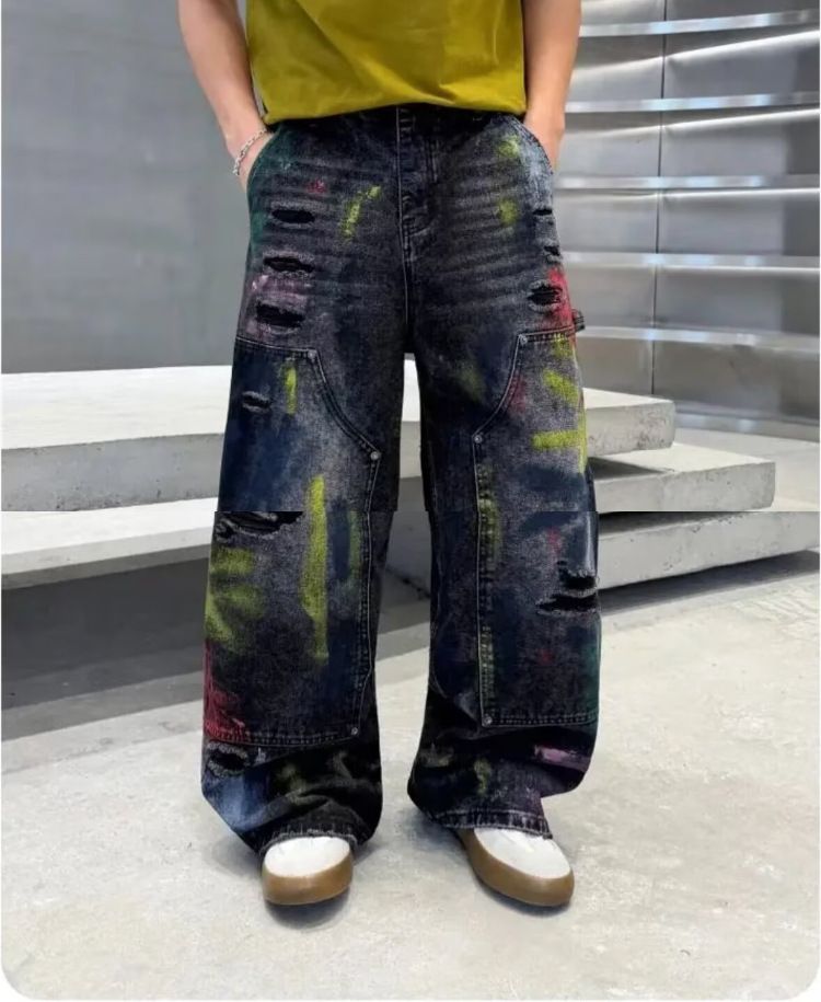 Men's Clothing Men's High End Straight Leg Jeans Loose Fit Fashionable Distressed Colorful Graffiti Wide Leg Dirty Pants For Spring Autumn_mkmklike.com