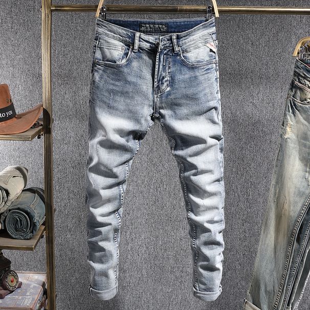 Men's Vintage Light Wash Slim Straight Leg Jeans Fashion Retro Distressed Denim Trousers Faded Look_mkmklike.com