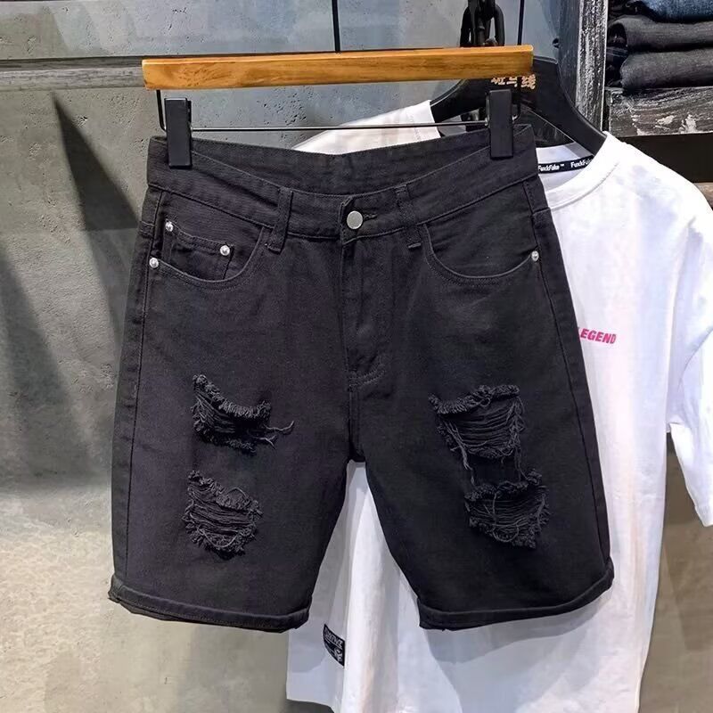 Men's Clothing Summer Black Ripped Denim Shorts Slim Elastic Five Point Breeches Trendy All Match Mid Length Pants_mkmklike.com