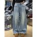 Women's Clothing Plus Size Rhinestone Denim Jeans Loose Slimming Wide Leg Floor Length Pants Retro Design For Women Sexy Autumn Winter_mkmklike.com