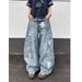 Vintage Washed Blue High-Waisted Wide-Leg Jeans For Men & Women – Relaxed Fit, Multi-Pocket, Retro Denim Pants_mkmklike.com
