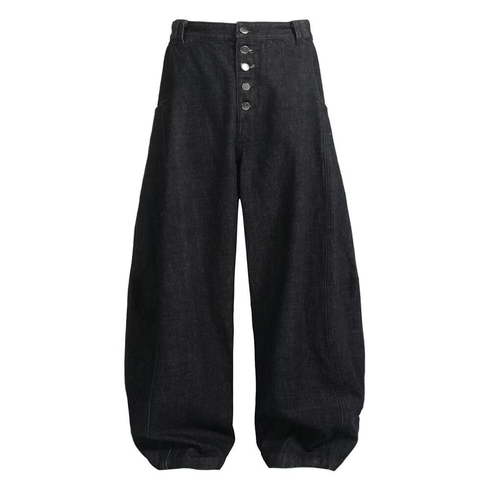 Unisex Black Raw Denim Curved Silhouette Jeans Button down American Style Loose Wide Leg Trendy Long Pants Versatile_mkmklike.com