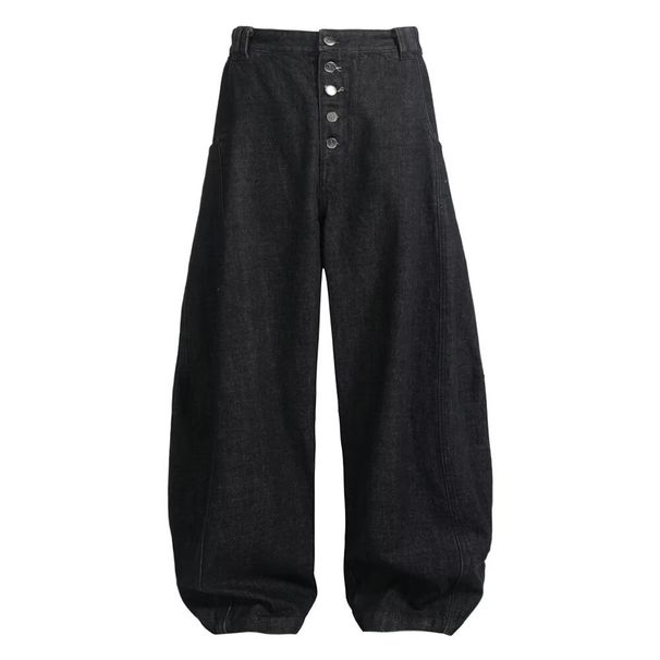 Unisex Black Raw Denim Curved Silhouette Jeans Button down American Style Loose Wide Leg Trendy Long Pants Versatile_mkmklike.com