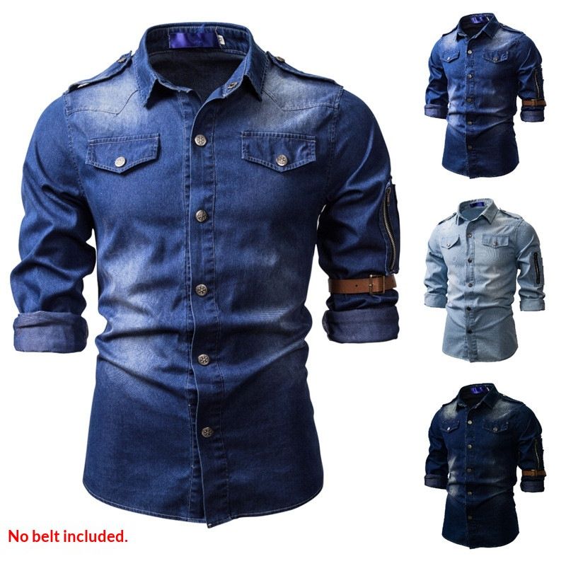 Pulse 2022 Spring And Autumn Fashion Slim Fit Multi-Pocket Washed Denim Long Sleeve Shirt Men's Clothing_mkmklike.com