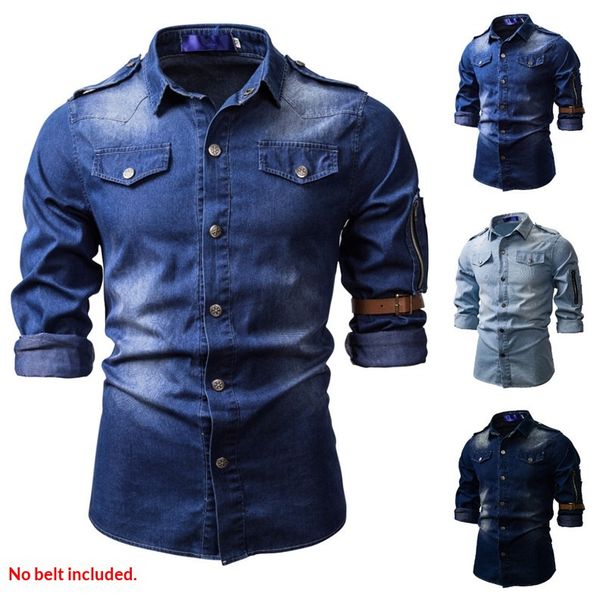 Pulse 2022 Spring And Autumn Fashion Slim Fit Multi-Pocket Washed Denim Long Sleeve Shirt Men's Clothing_mkmklike.com