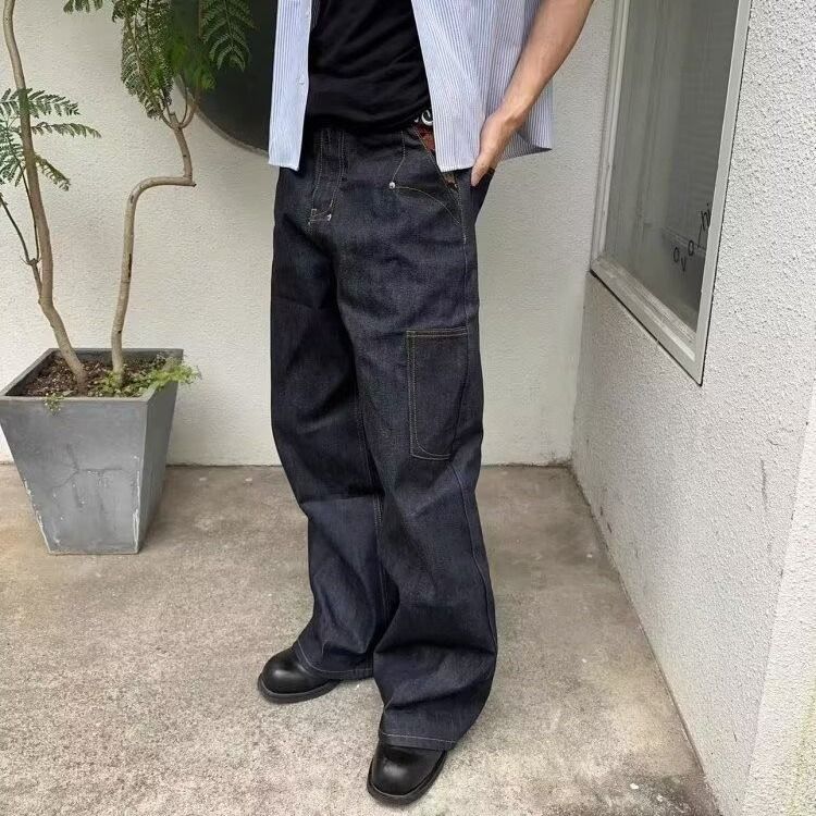 Men's And Women's Retro Straight Leg Denim Jeans Dark Blue mid Waist Slimming Casual Floor Length Cotton Stretch Jeans_mkmklike.com