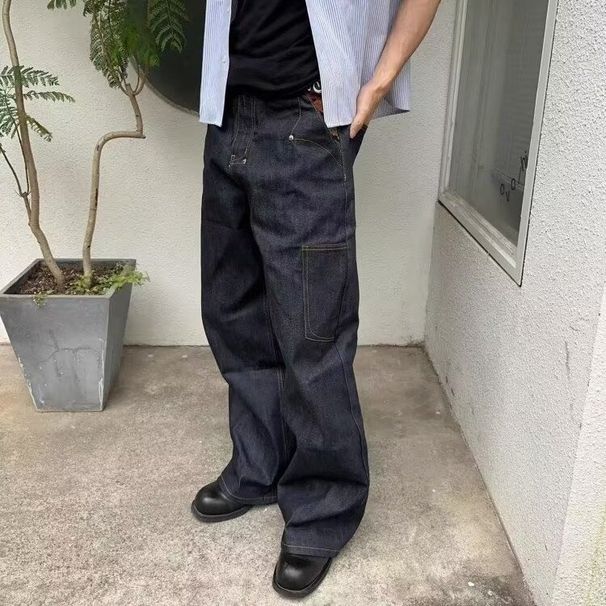 Men's And Women's Retro Straight Leg Denim Jeans Dark Blue mid Waist Slimming Casual Floor Length Cotton Stretch Jeans_mkmklike.com