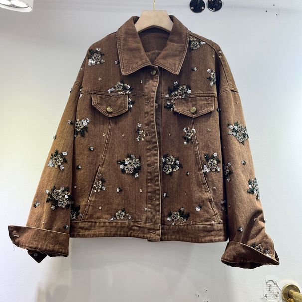 Distressed Denim Jacket Women's Fashion Oversized Embroidered Long Sleeve Coat For Autumn & Winter_mkmklike.com