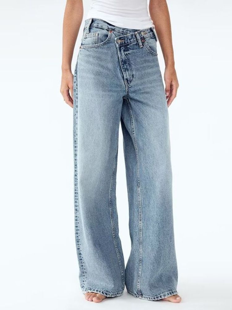 Y2K Vintage Washed Wide-Leg Jeans – High Waist Asymmetrical Hem Straight Denim Pants For Women_mkmklike.com