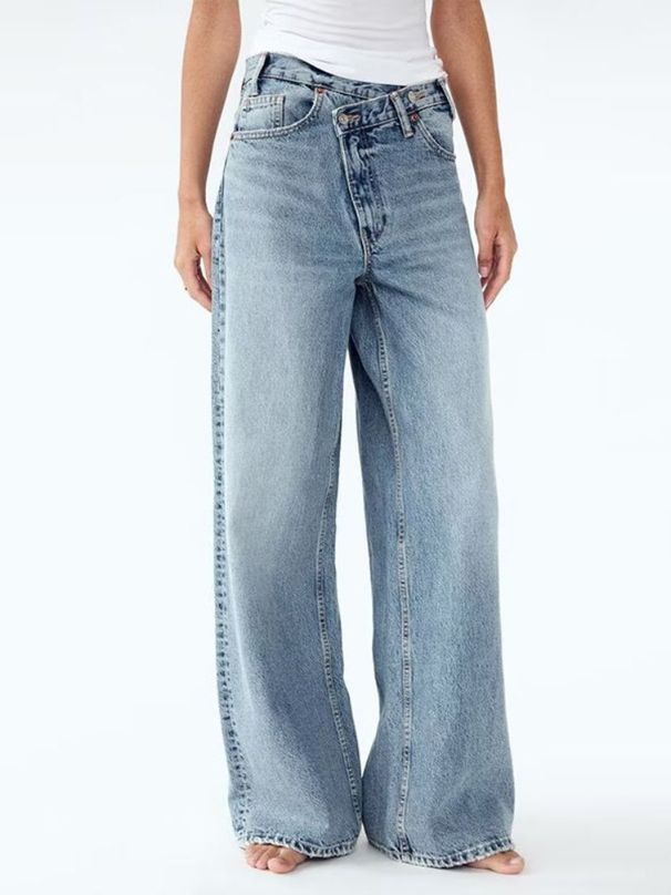 Y2K Vintage Washed Wide-Leg Jeans – High Waist Asymmetrical Hem Straight Denim Pants For Women_mkmklike.com