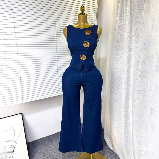 Women's Clothing Temperament Design Metal Button Round Neck Sleeveless Vest + High Waist Wide Leg Trousers Denim Suit For Women_mkmklike.com