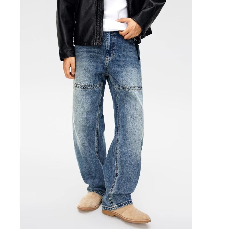 Men's Clothing High Street Retro Washed Hole Straight Jeans Men's Style Old Cleanfit Loose Wide Leg Casual Trousers Trend_mkmklike.com