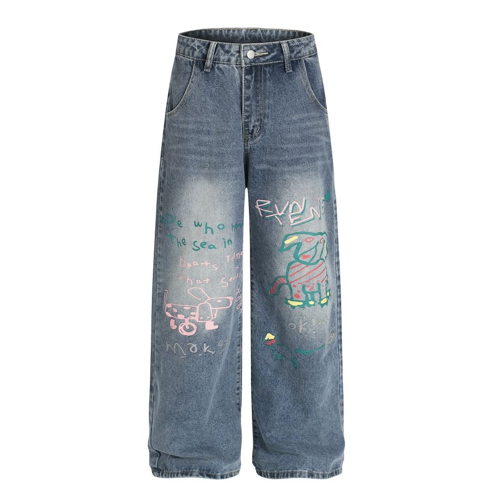 Graffiti Cartoon Print Wide-Leg Jeans For Men, Niche Loose Vintage Washed Street Style Punk Straight-Leg Pants Trend_mkmklike.com