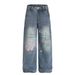 Graffiti Cartoon Print Wide-Leg Jeans For Men, Niche Loose Vintage Washed Street Style Punk Straight-Leg Pants Trend_mkmklike.com