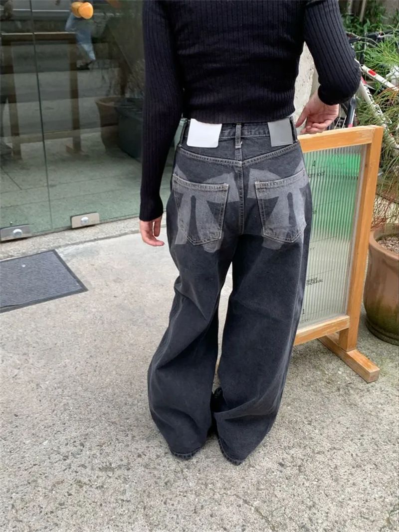Korean Style High Waist Loose Fit Denim Jeans With Bow Back Pocket & Print - Casual Streetwear For Women_mkmklike.com