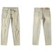 Men's Slim Fit Straight Leg Jeans Cross Border Export Ripped Yellow Mud Washed Distressed Casual Trousers European American Trendy_mkmklike.com