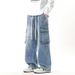 Men's Retro Trendy Workwear Casual Jeans Loose Straight Leg Elastic Waist Wide Leg Hong Kong Style Midweight Softener Machine Washable_mkmklike.com