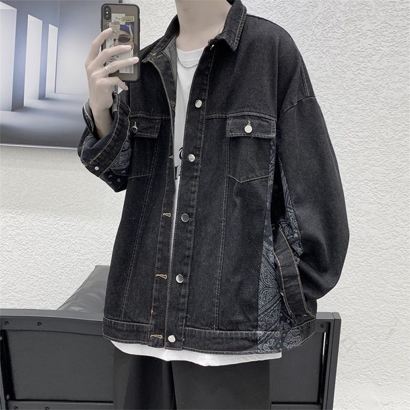 Loom Teenager Denim Men Autumn Trendy Brand Cool Printed Patchwork Jacket Korean Style Loose Student Couple Top_mkmklike.com