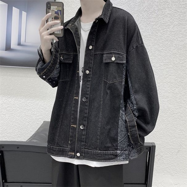 Loom Teenager Denim Men Autumn Trendy Brand Cool Printed Patchwork Jacket Korean Style Loose Student Couple Top_mkmklike.com