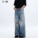 Men's Clothing Blue Straight Ripped Jeans Vintage Washed Blue Straight Leg Distressed Jeans For Men & Women - Relaxed Fit, Comfortable & Stylish_mkmklike.com
