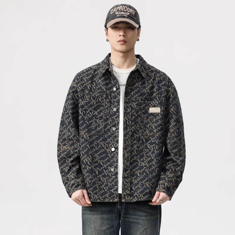 Pulse Pulse European And American High-End Jacquard Craft Denim Men, Autumn Vintage Washed Distressed Turn-Down Collar Casual Shirt_mkmklike.com